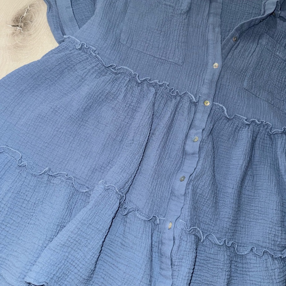 AURA linen tiered blue cotton button down mini dress size large - Picture 7 of 9